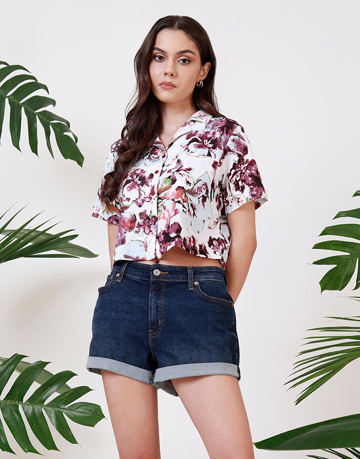 Printed Linen Crop Top with Pocket