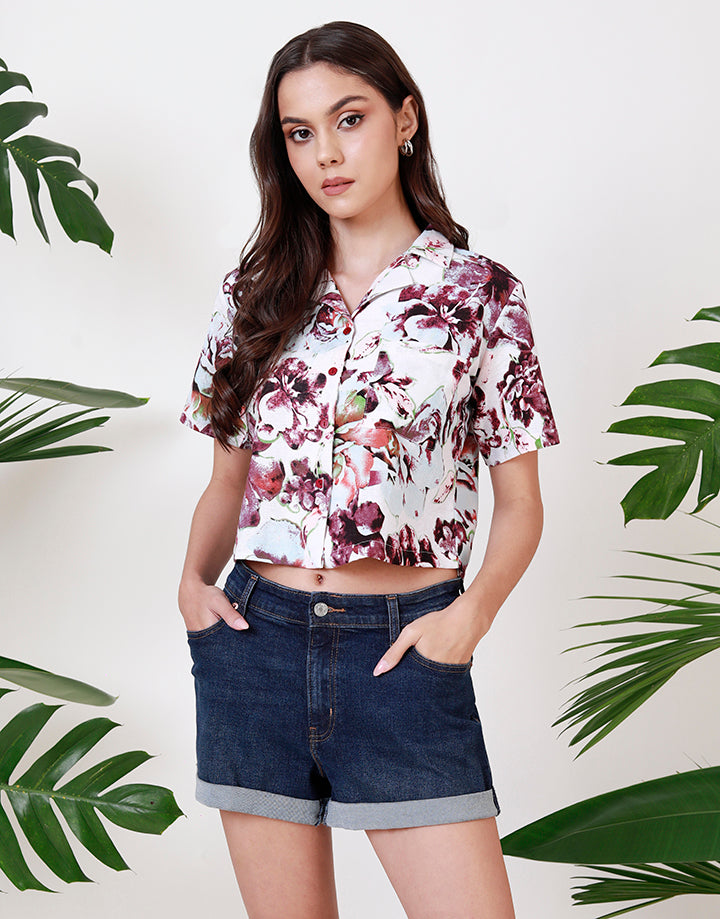 Printed Linen Crop Top with Pocket