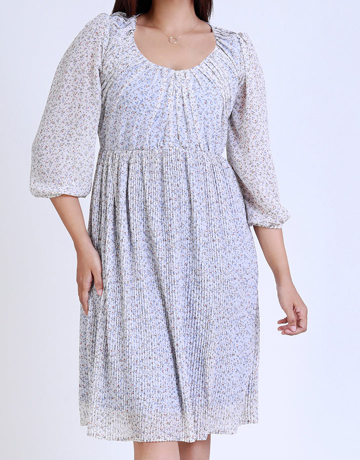 Printed Long Sleeve Pleated Dress