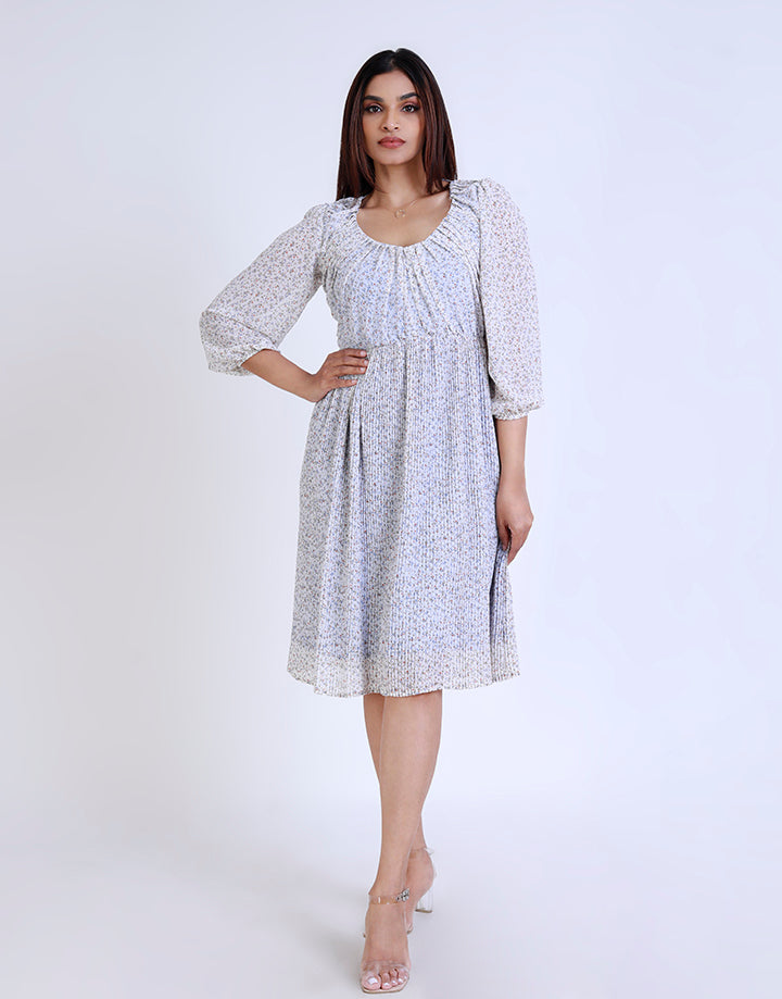 Printed Long Sleeve Pleated Dress