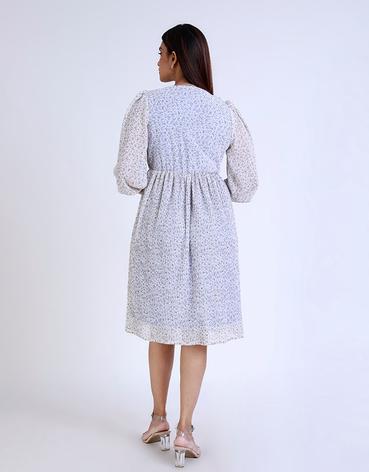 Printed Long Sleeve Pleated Dress