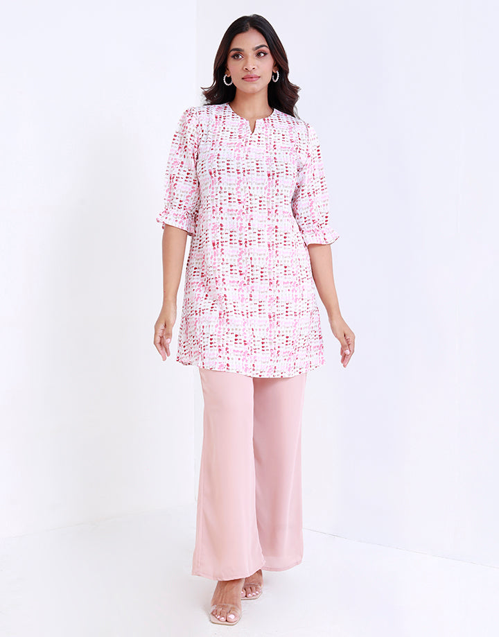 Printed Long Top with Puff Sleeves