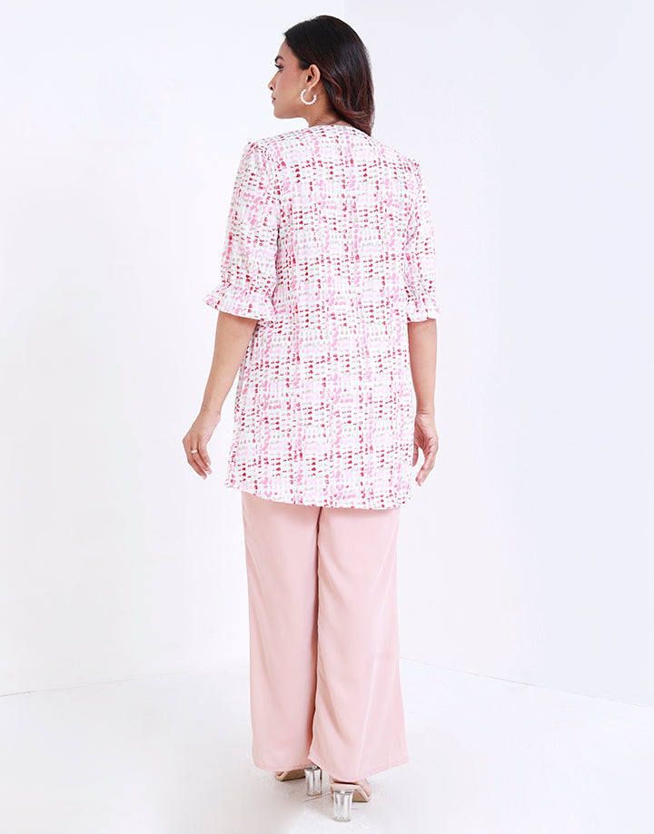 Printed Long Top with Puff Sleeves