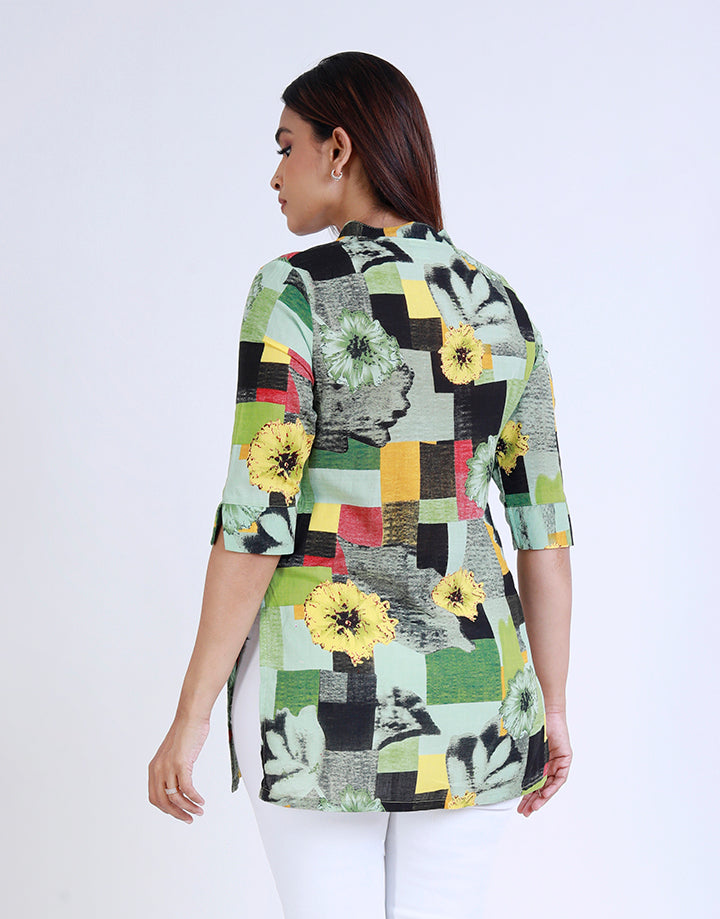 Printed Mandarin Collar Kurtha