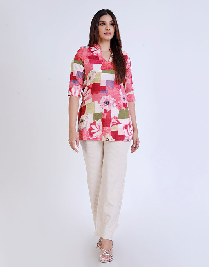 Printed Mandarin Collar Kurtha