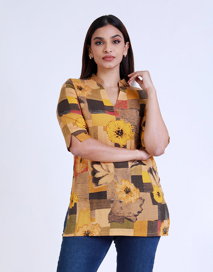 Printed Mandarin Collar Kurtha