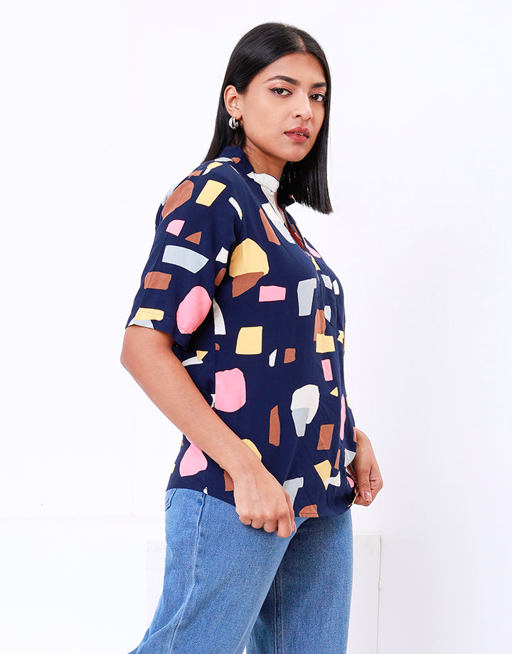 Printed Mandarin Collar Top