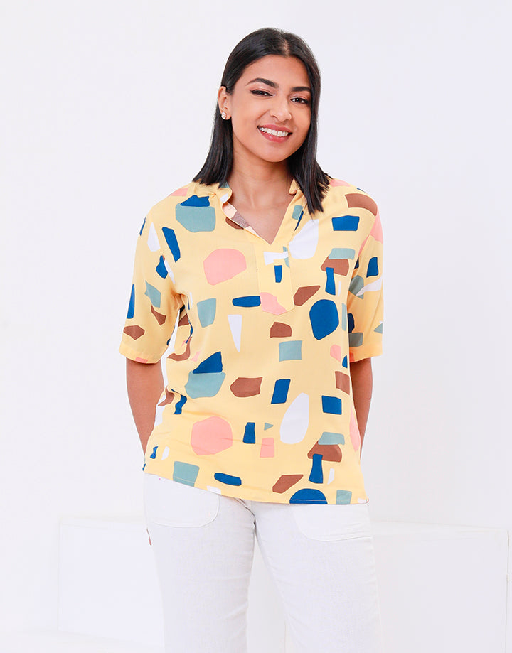 Printed Mandarin Collar Top