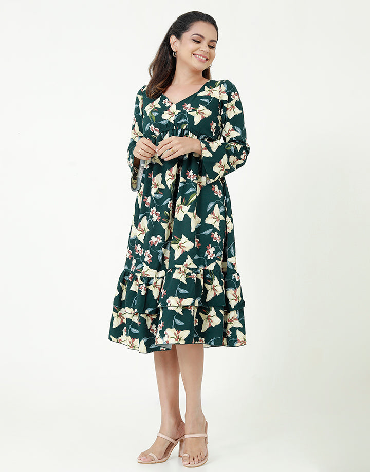 Printed Midi Dress with Bell Sleeves