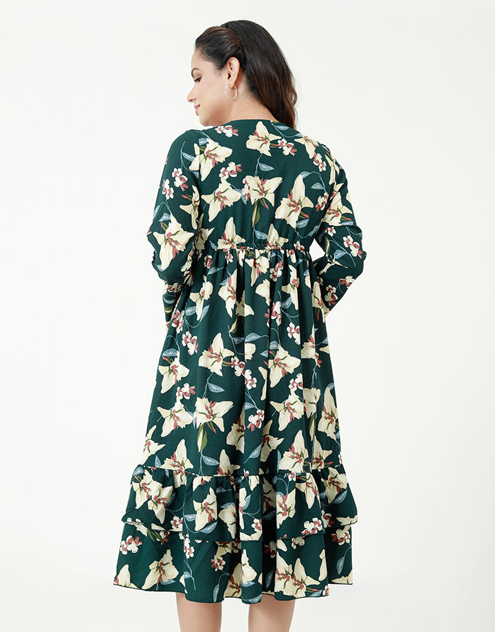 Printed Midi Dress with Bell Sleeves