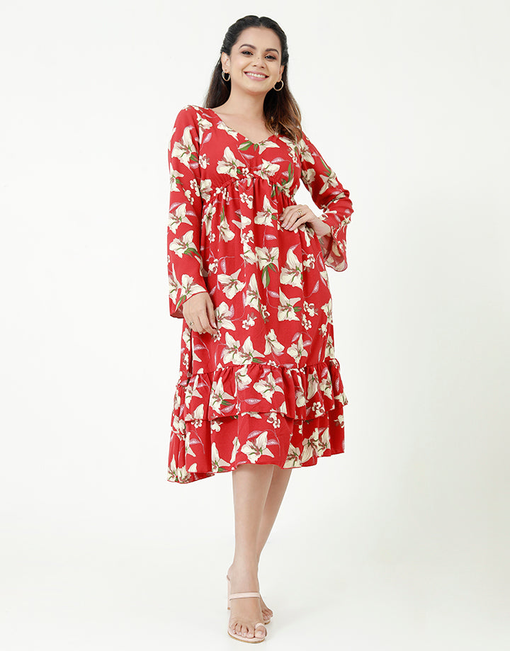 Printed Midi Dress with Bell Sleeves