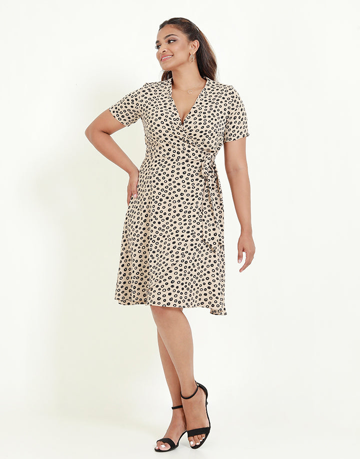 Printed Overlap Dress with Short Sleeves