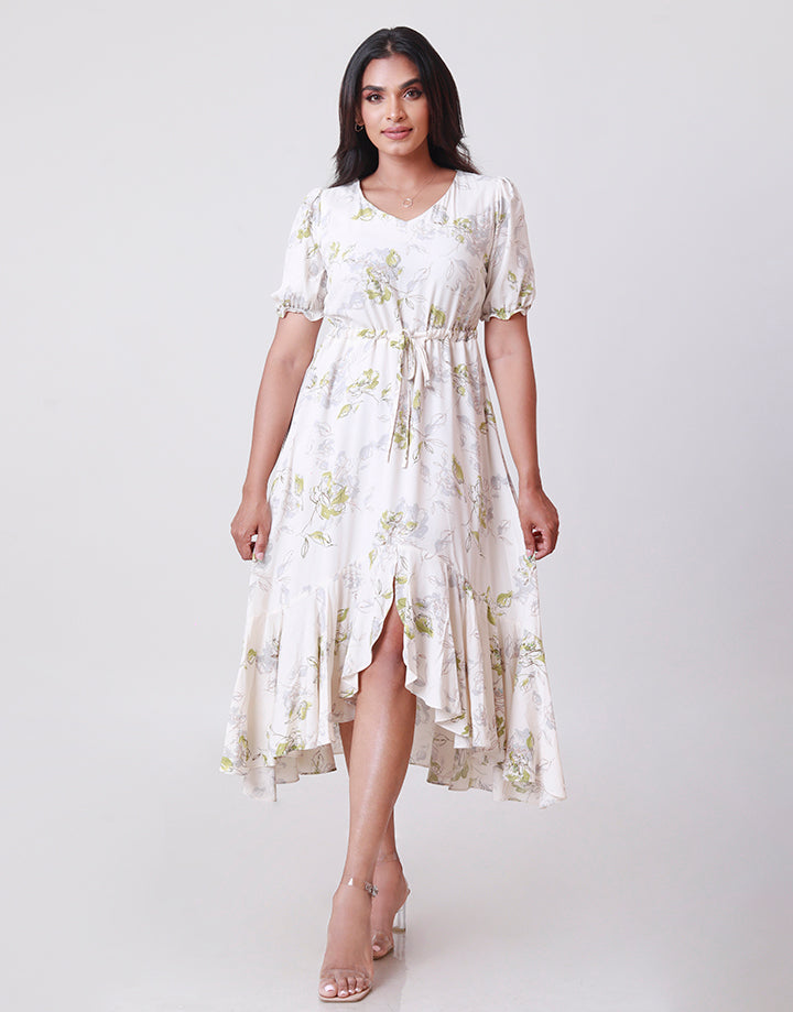 Printed Puff Sleeves High Low Hem Dress