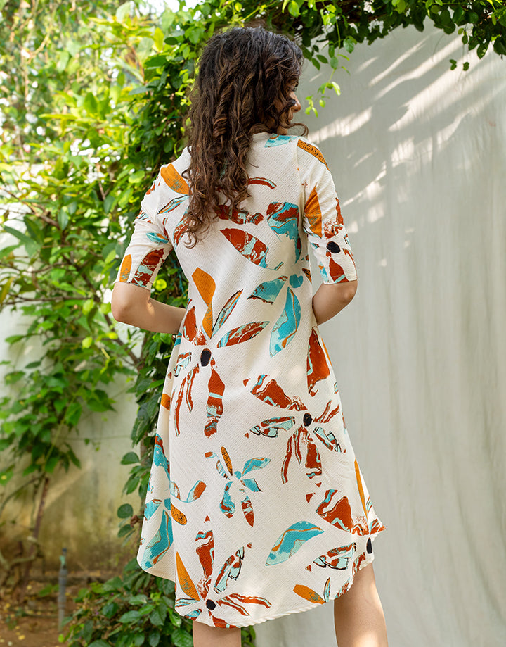 Printed Round Neck Dress with ¾ Sleeves