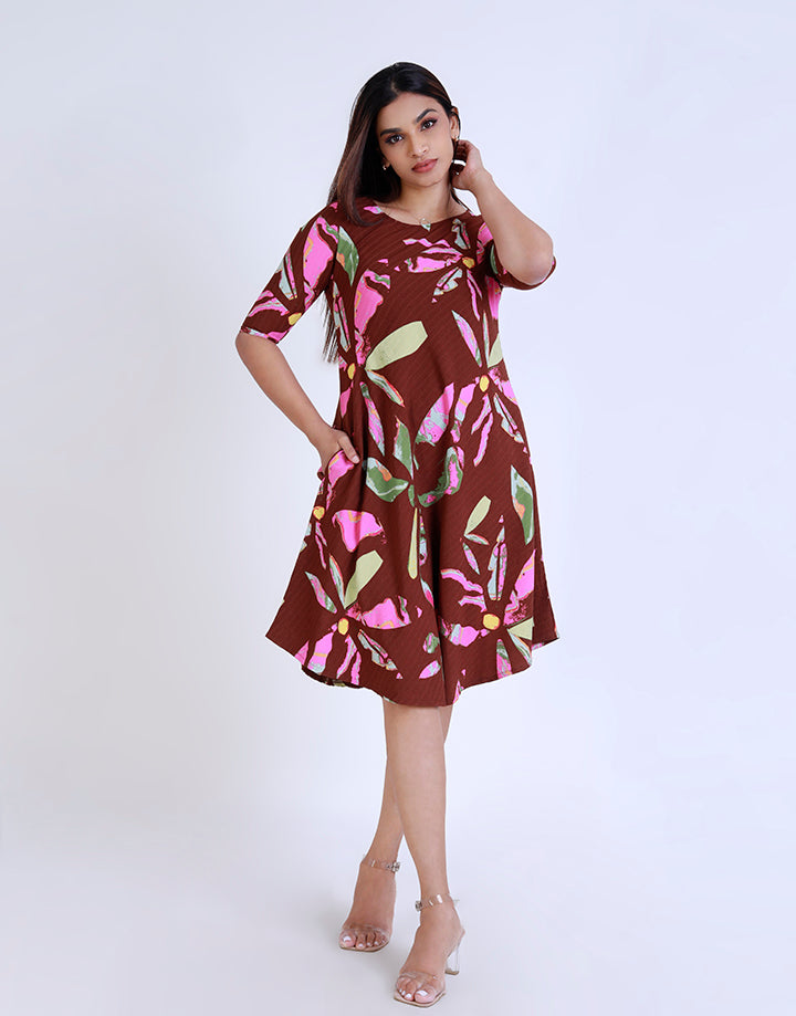 Printed Round Neck Dress with ¾ Sleeves