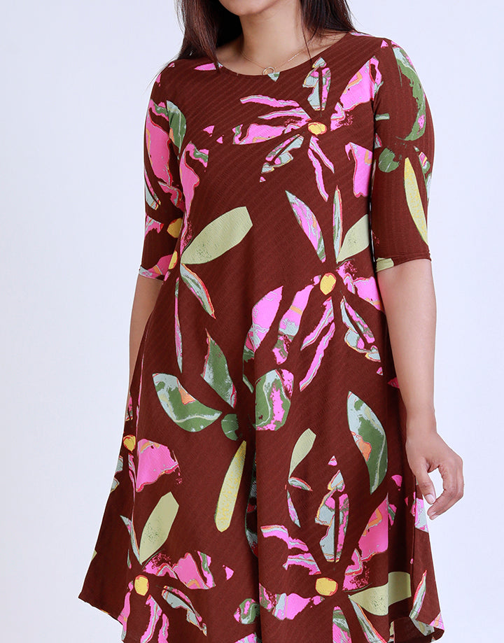 Printed Round Neck Dress with ¾ Sleeves