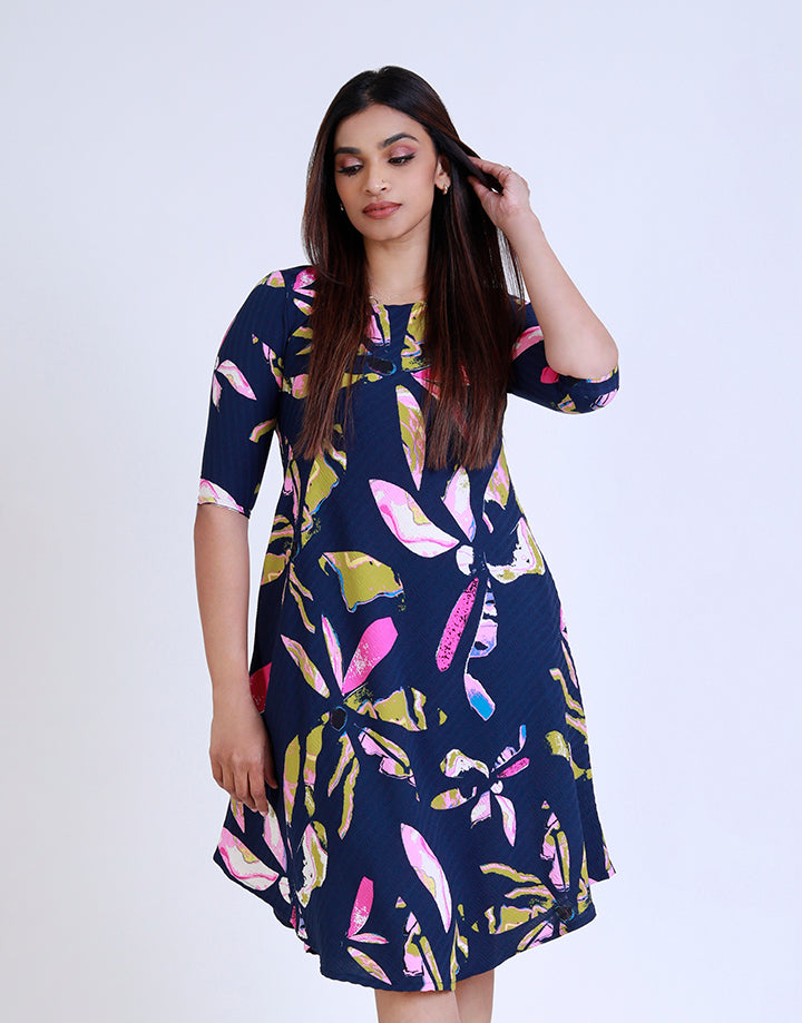 Printed Round Neck Dress with ¾ Sleeves