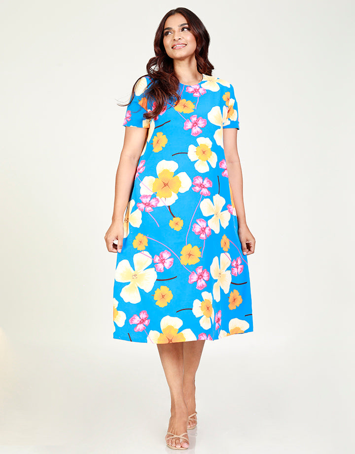Printed Round Neck Dress with Pockets