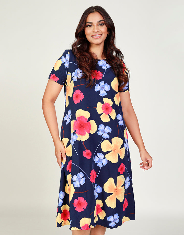 Printed Round Neck Dress with Pockets