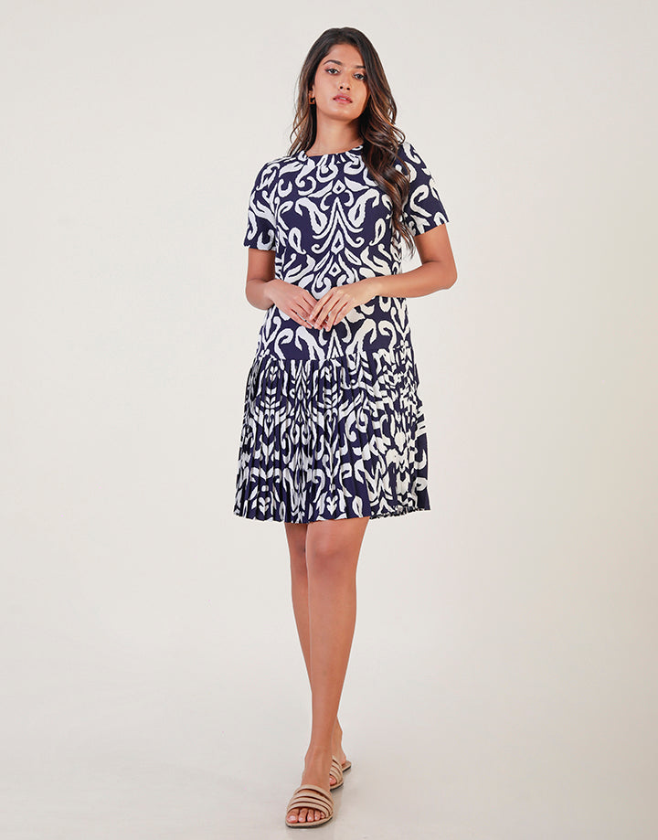 Printed Round Neck Waist Drop Dress