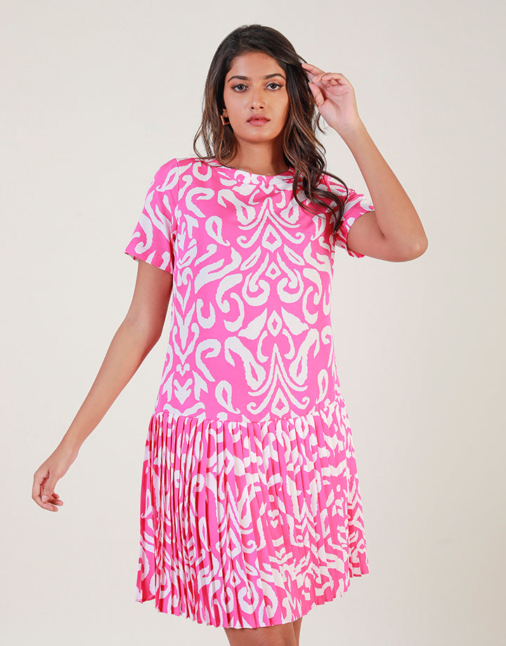 Printed Round Neck Waist Drop Dress