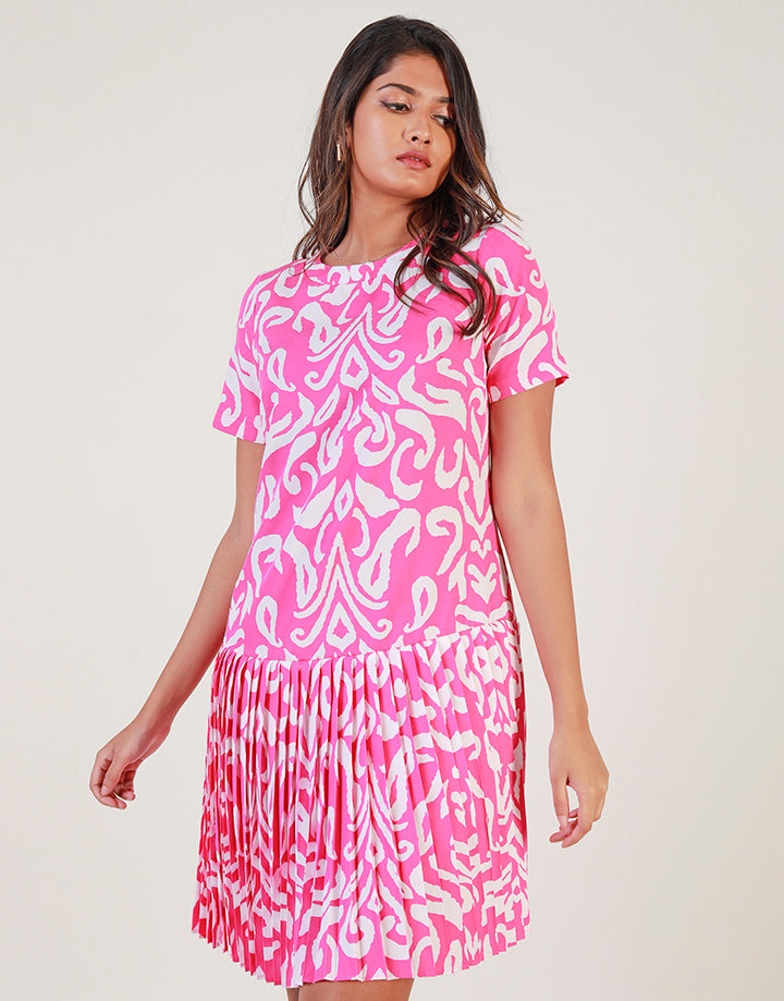 Printed Round Neck Waist Drop Dress