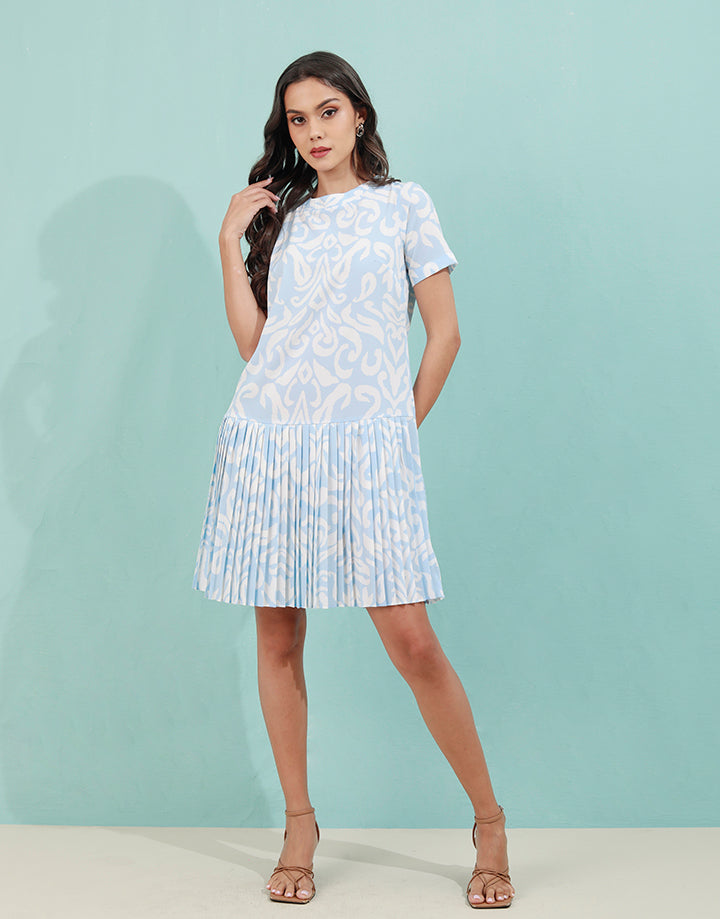 Printed Round Neck Waist Drop Dress