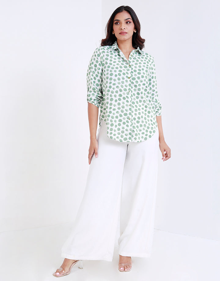 Printed Shirt Blouse with Tab Sleeves