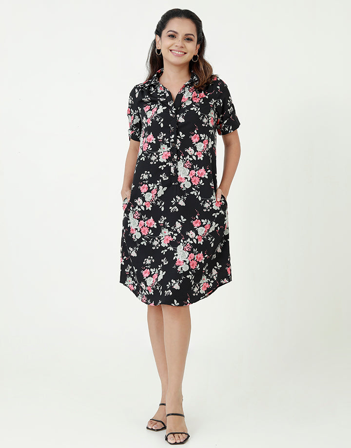 Printed Shirt Dress with Short Sleeves
