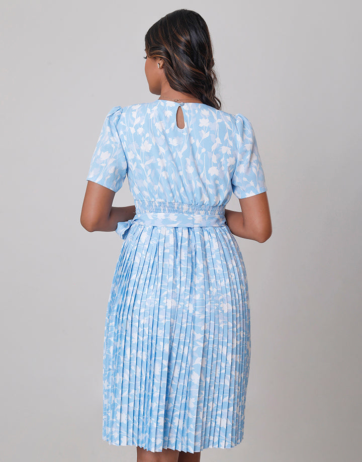 Printed Short Sleeve Pleated Dress with Belt