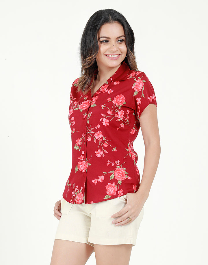 Printed Short Sleeves Collared Blouse