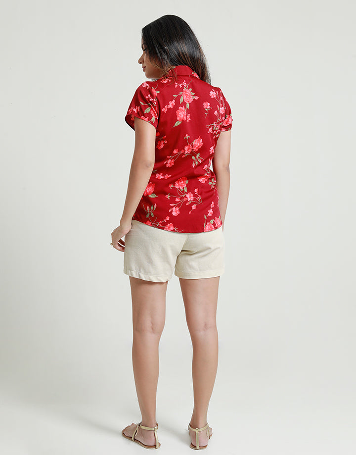 Printed Short Sleeves Collared Blouse