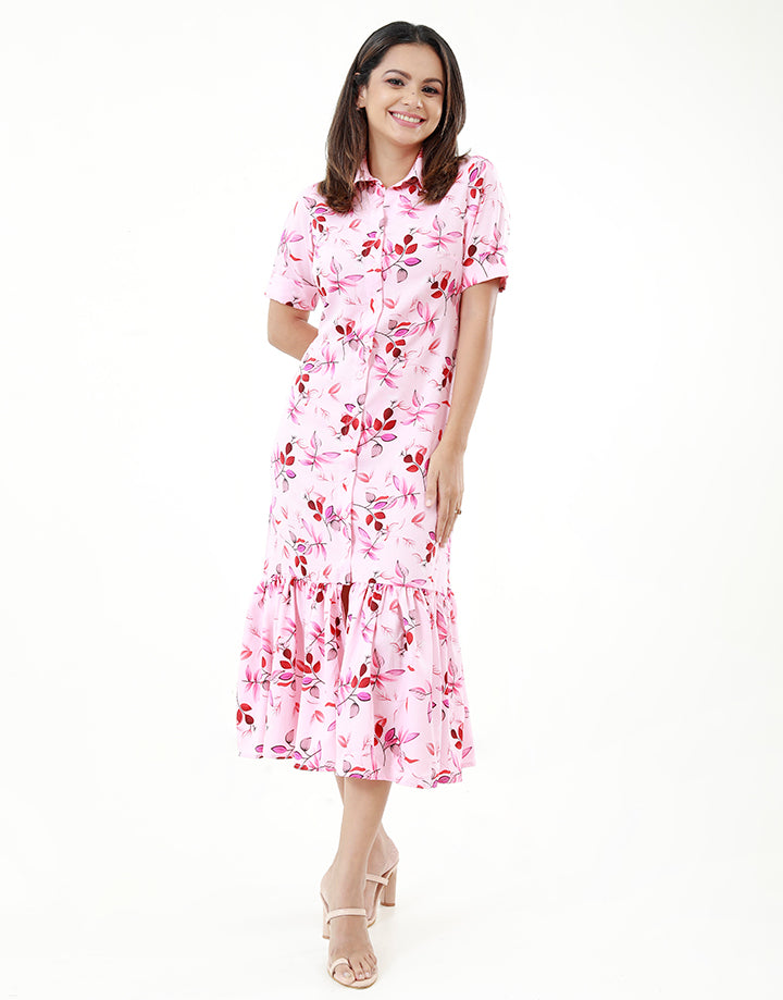 Printed Short Sleeves Dress with Collar