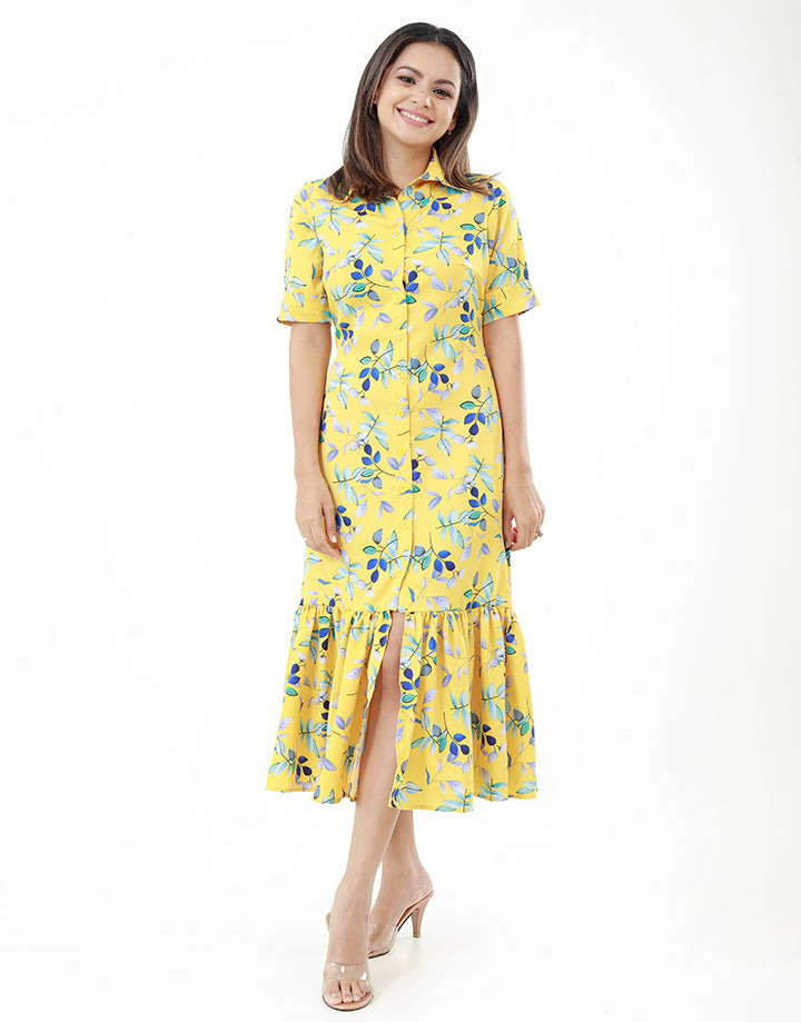 Printed Short Sleeves Dress with Collar