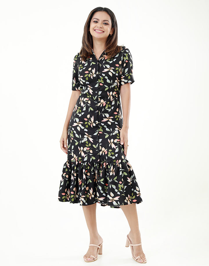 Printed Short Sleeves Dress with Collar