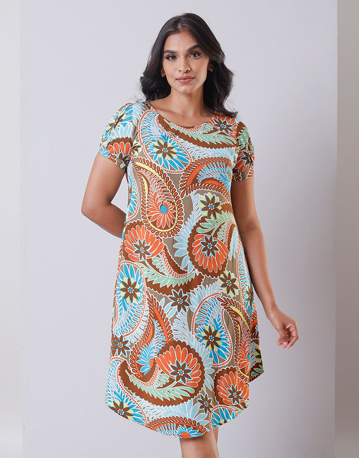 Printed Short Sleeves Dress with Curved Hem