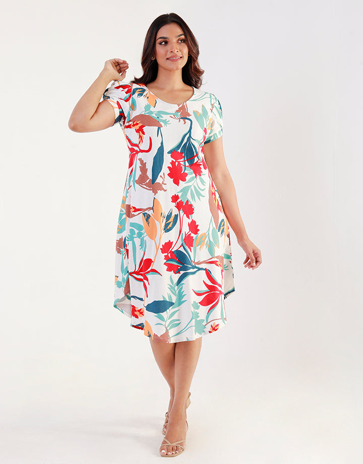 Printed Short Sleeves Dress with Curved Hem