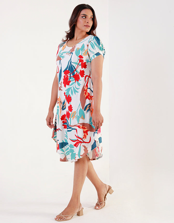 Printed Short Sleeves Dress with Curved Hem