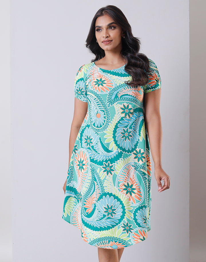 Printed Short Sleeves Dress with Curved Hem