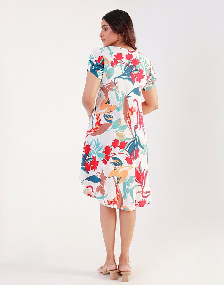 Printed Short Sleeves Dress with Curved Hem