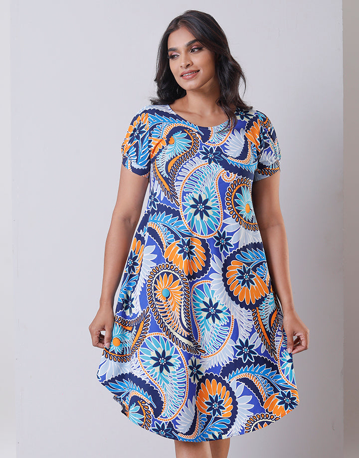 Printed Short Sleeves Dress with Curved Hem