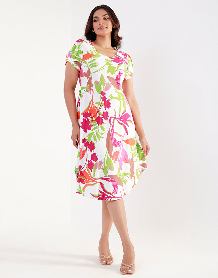 Printed Short Sleeves Dress with Curved Hem