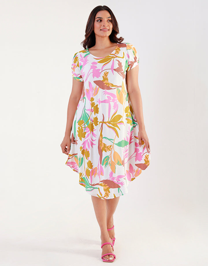 Printed Short Sleeves Dress with Curved Hem