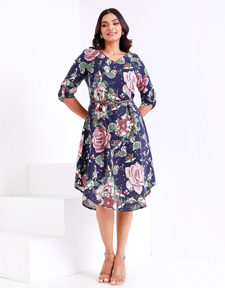 Printed Side Pockets Dress with Tab Sleeves