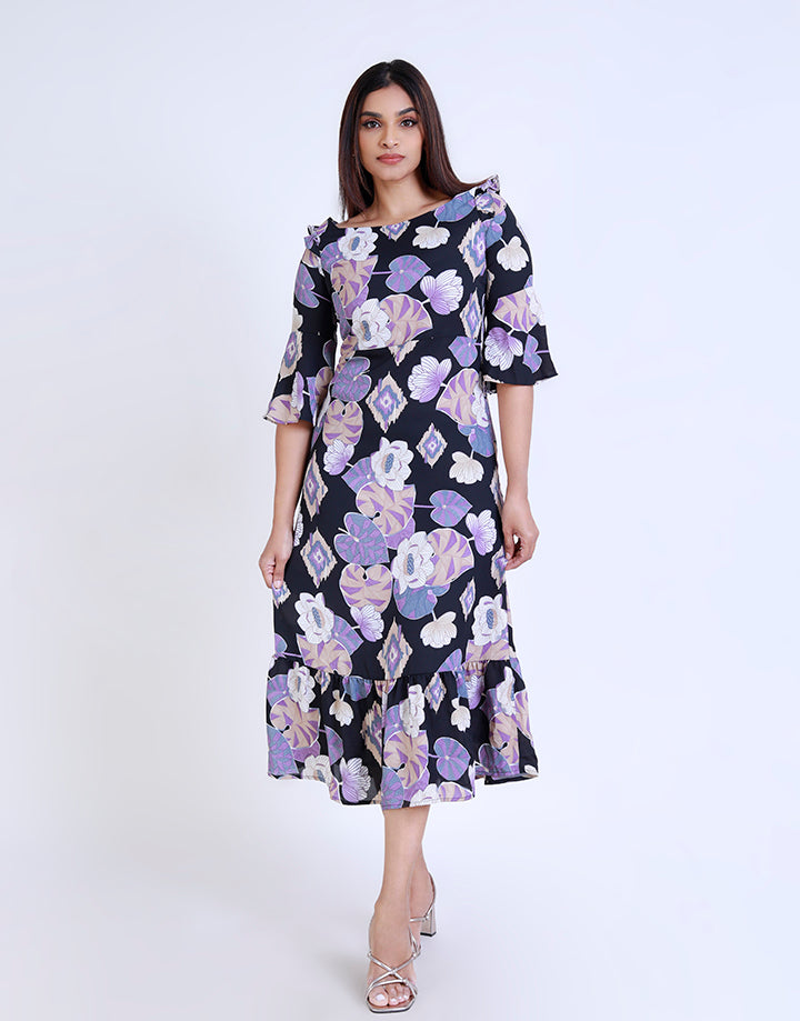 Printed Square Neck Dress with Bell Sleeve