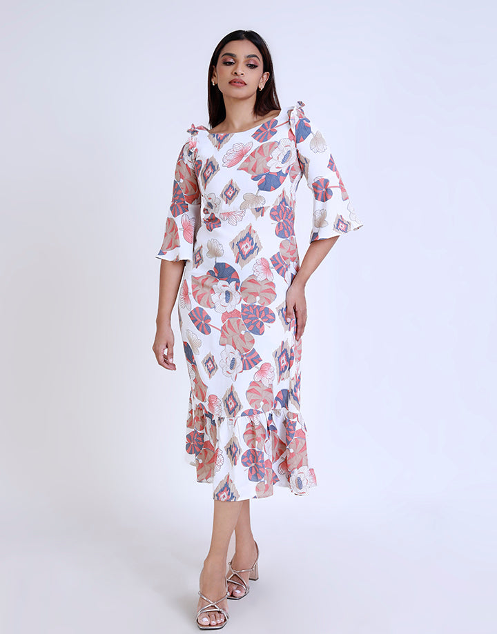 Printed Square Neck Dress with Bell Sleeve