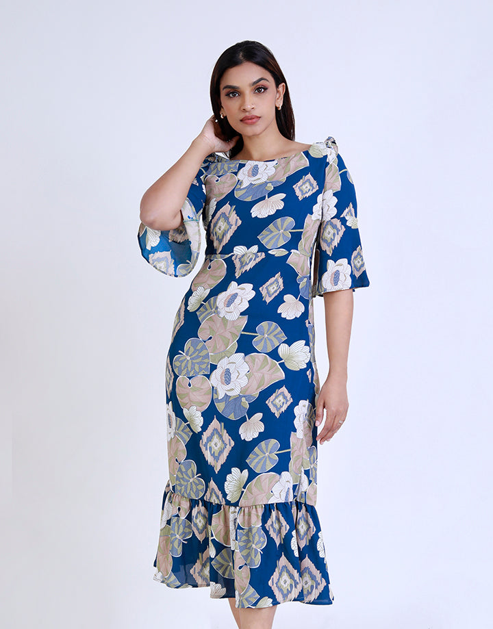 Printed Square Neck Dress with Bell Sleeve