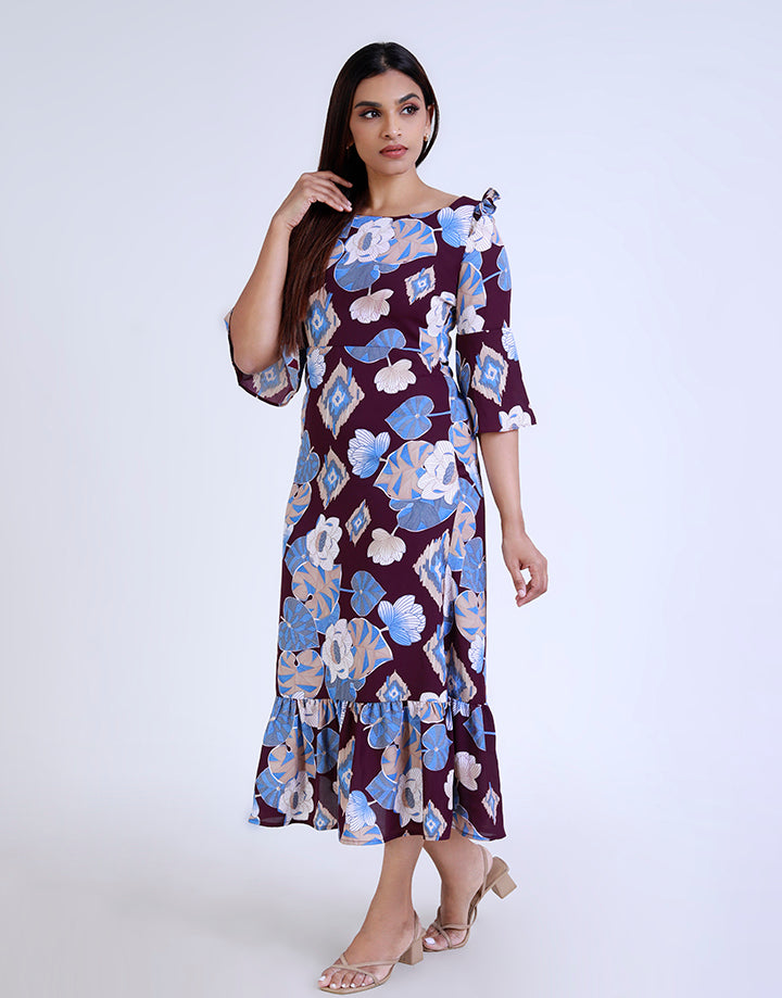 Printed Square Neck Dress with Bell Sleeve