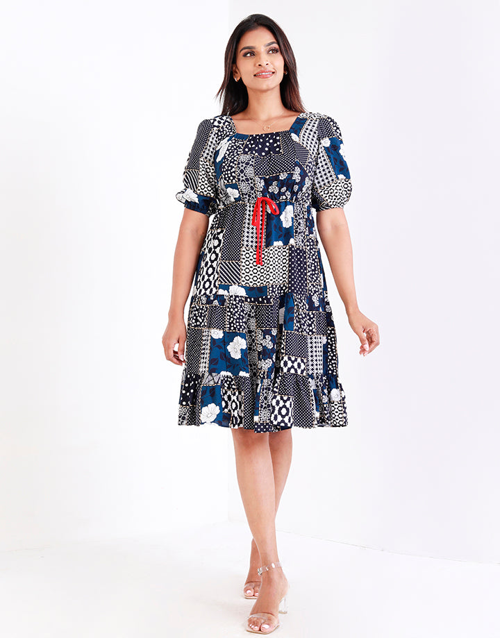 Printed Square Neck Midi Waist Dress