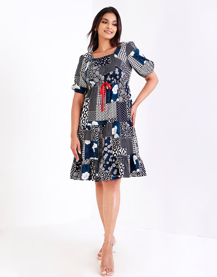 Printed Square Neck Midi Waist Dress